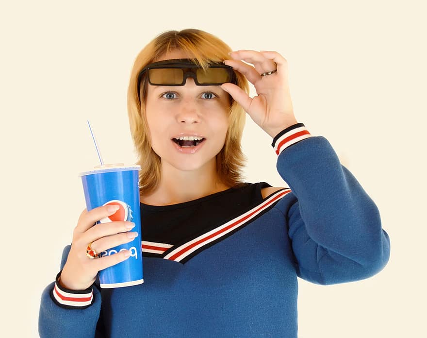 mulher, bebida, óculos, óculos 3d, 3d, filme, cinema