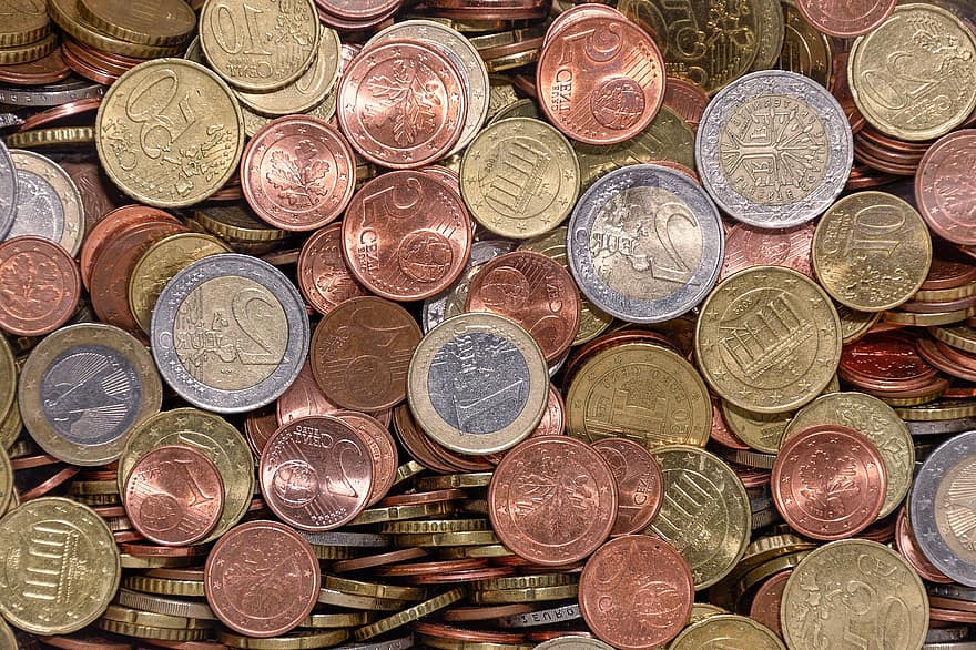 सिक्के, यूरो, मुद्रा, नकद, प्रतिशत, वित्त, पैसा, क्लोज़ अप, धातु, ढीला परिवर्तन, चमकदार