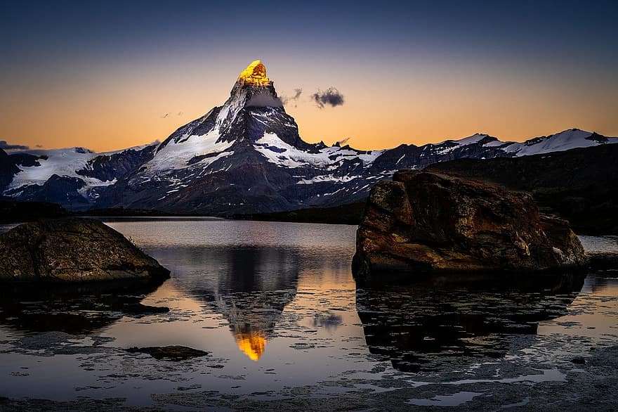 hegyek, csúcs, hó, tó, visszaverődés, Matterhorn, tájkép, természet, tükrözés, Zermatt, Fluhalp