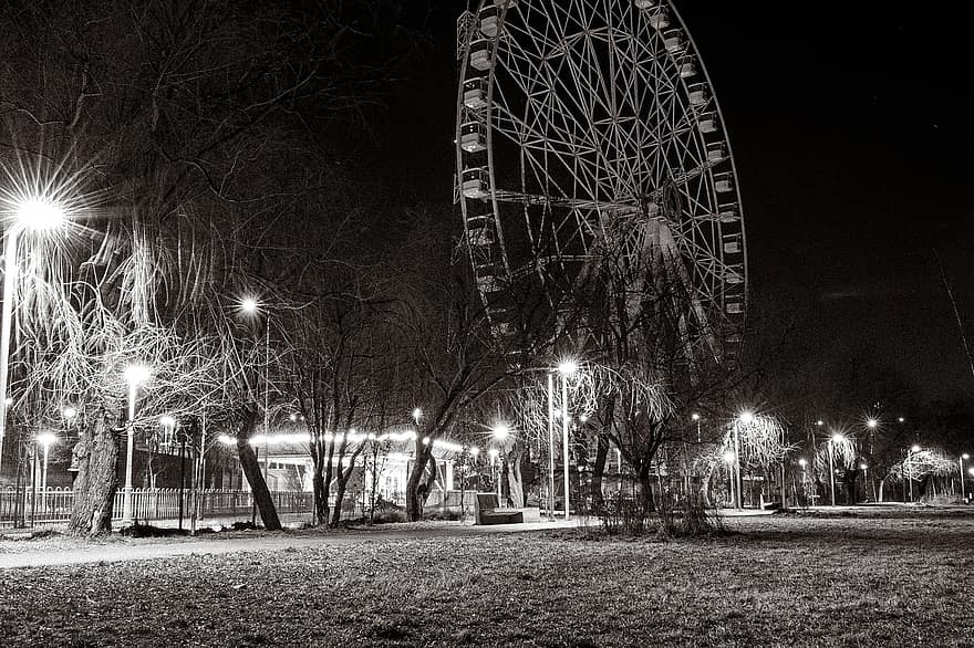 Ferris Wheel, City, Night, Park, Monochrome, Lights, illuminated, architecture, famous place, lighting equipment, dusk