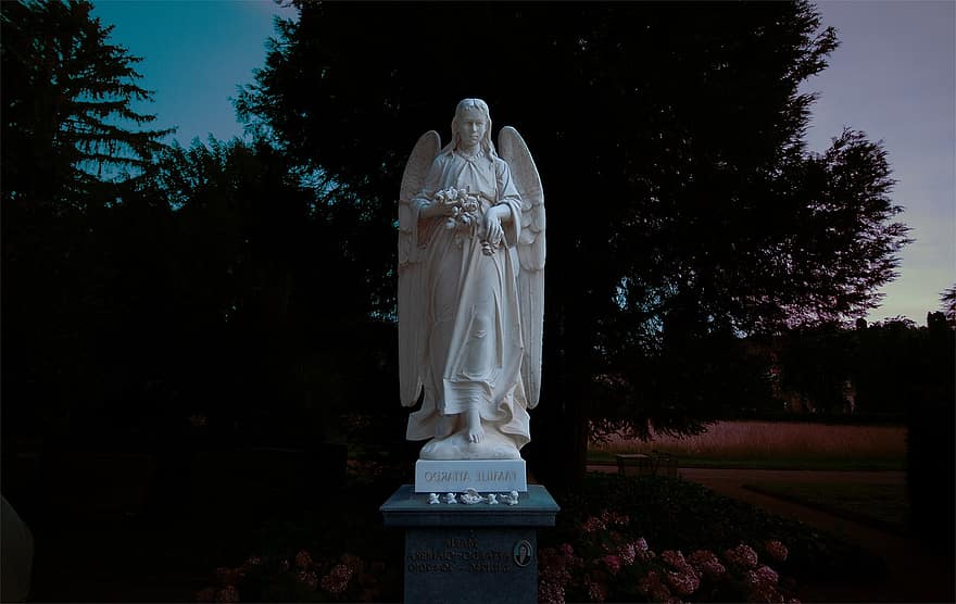 Angel, Statue, Figure, Sculpture, Cemetery, Night, Graveyard, Monument