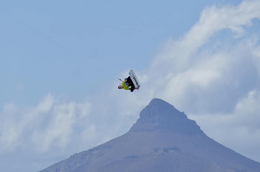 Cape Town, Sør-Afrika, kite surfing, ekstremsport, menn, sport, eventyr, fjell, blå, bevegelse, aktivitet