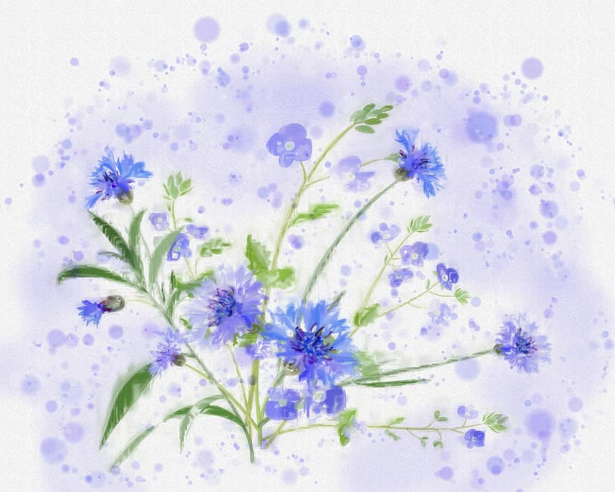 blommor, vattenfärg, målning, blomma, växt, blå, bakgrunder, blad, gräs, illustration, dekoration