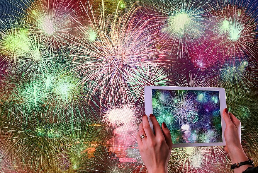New Year's Day, New Year's Eve, Hand, Tablet, Fireworks, Clock, Year