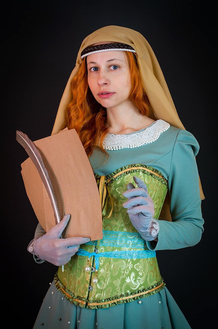 Woman, Scroll, Document, Pen, Middle Ages, Shawl, Medieval, Fantasy, Renaissance, Costume, Gothic