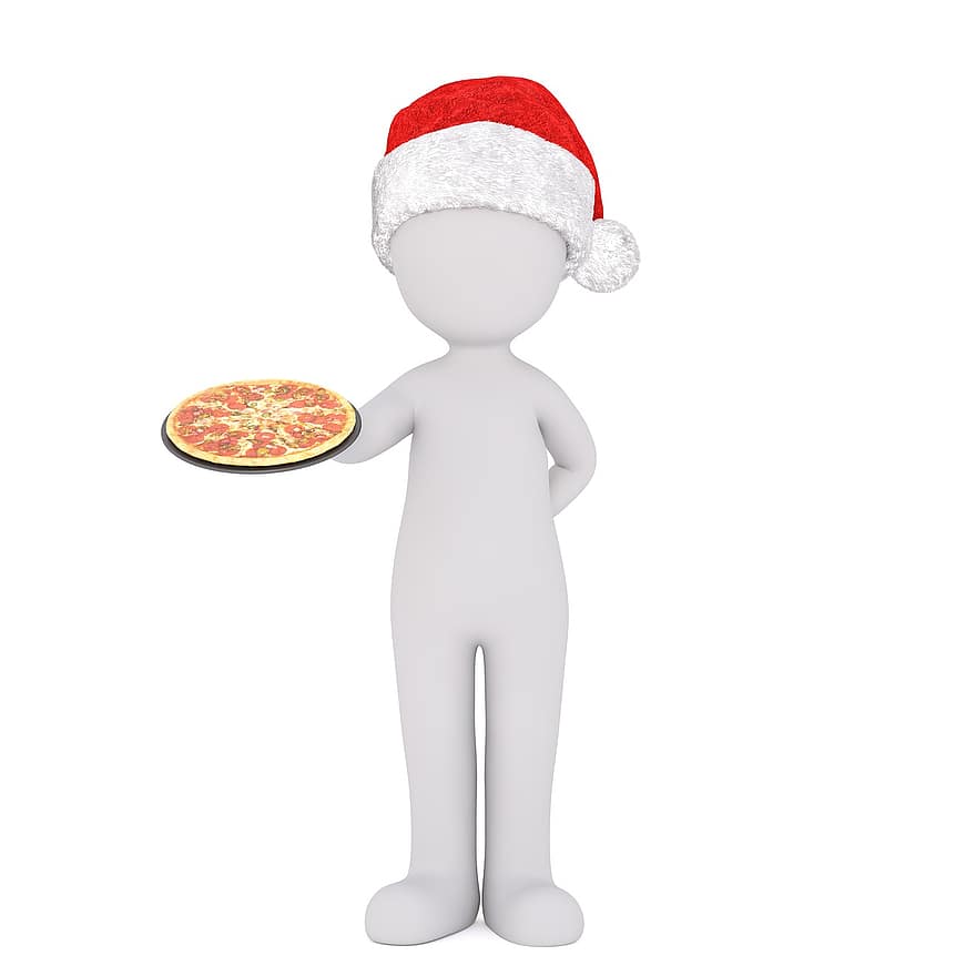beyaz erkek, 3 boyutlu model, tüm vücut, 3d santa şapka, Noel, Noel Baba şapkası, 3 boyutlu, beyaz, yalıtılmış, pizza robotu, Pizza
