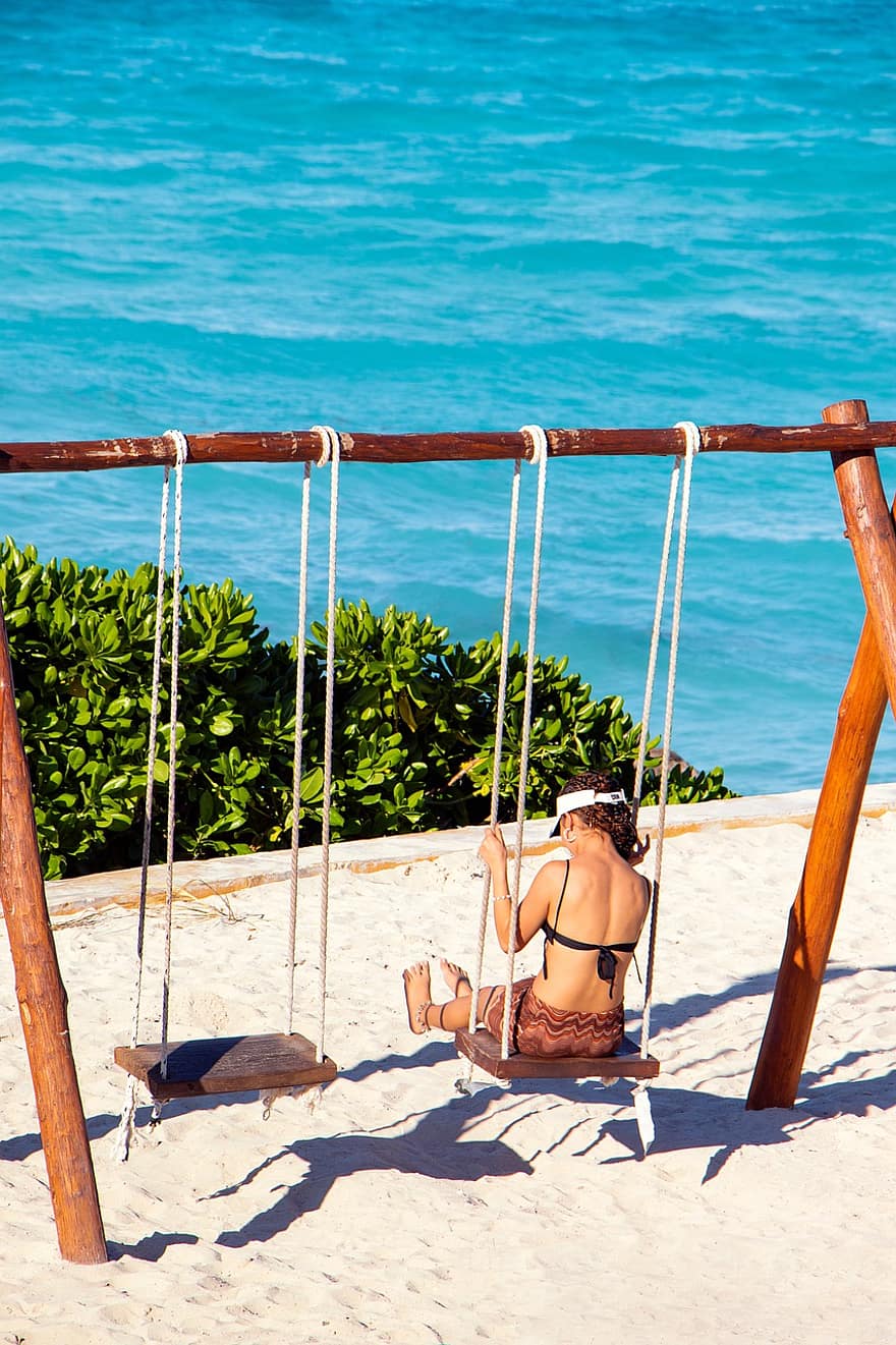 Woman, Swing, Beach, Sea, Sand, Holiday, Cancun, Mexico, Tourism, Quintana Roo, Scenic
