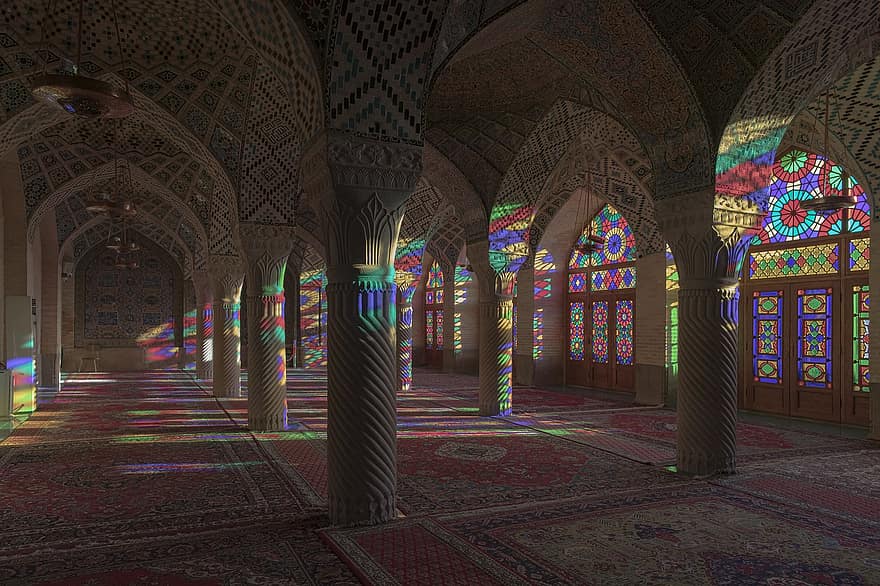 Nasir Ol Molk mecset, pillér, terem, ólomüveg, ablakok, Rózsaszín mecset, mecset, iráni építészet, muszlim, iszlám, Shia