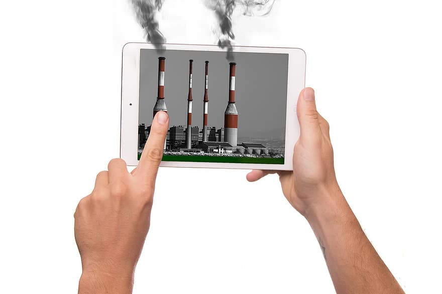 Tablet, Iman, Apple, Pollution, Action, Industry, Factory, Stench, Chimney, Smoke, Stink