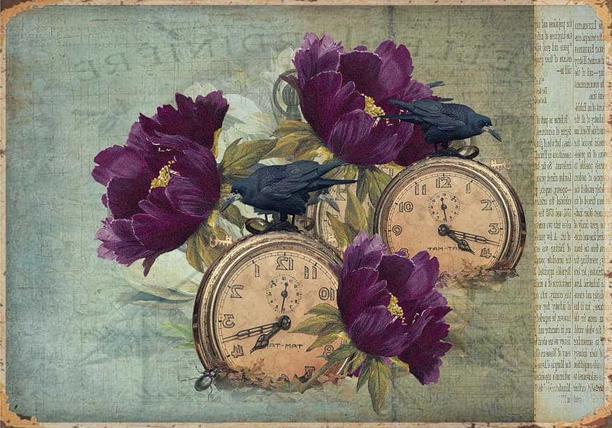 vintage, bunga-bunga, jam, Latar Belakang, waktu, kuno, tua, antik, ilustrasi, bunga, kertas