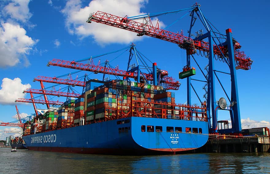 houder, haven, schip, kraan, Hamburg, lading, containerschip, verkeer, industrie, logistiek, exporteren