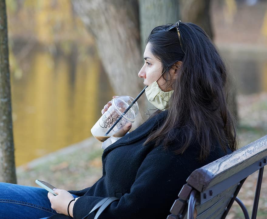 Woman, Face Mask, Covid, Drinking, Coffee, Bench, women, one person, lifestyles, adult, young adult