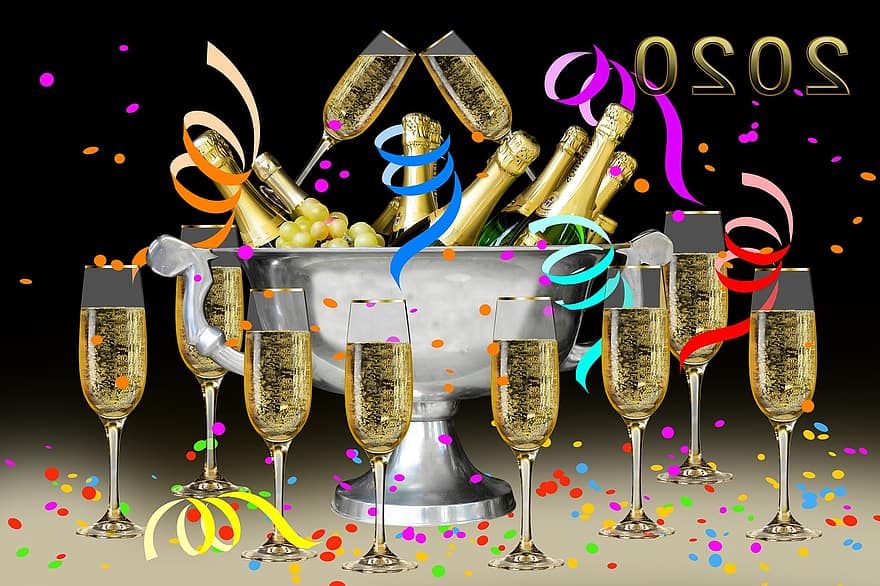 Yılbaşı gecesi, yeni yıl günü, 2020, yılın dönüşü, kutlamak, Festival, içki, dayanmak, şans, Şampanya, gece yarısı