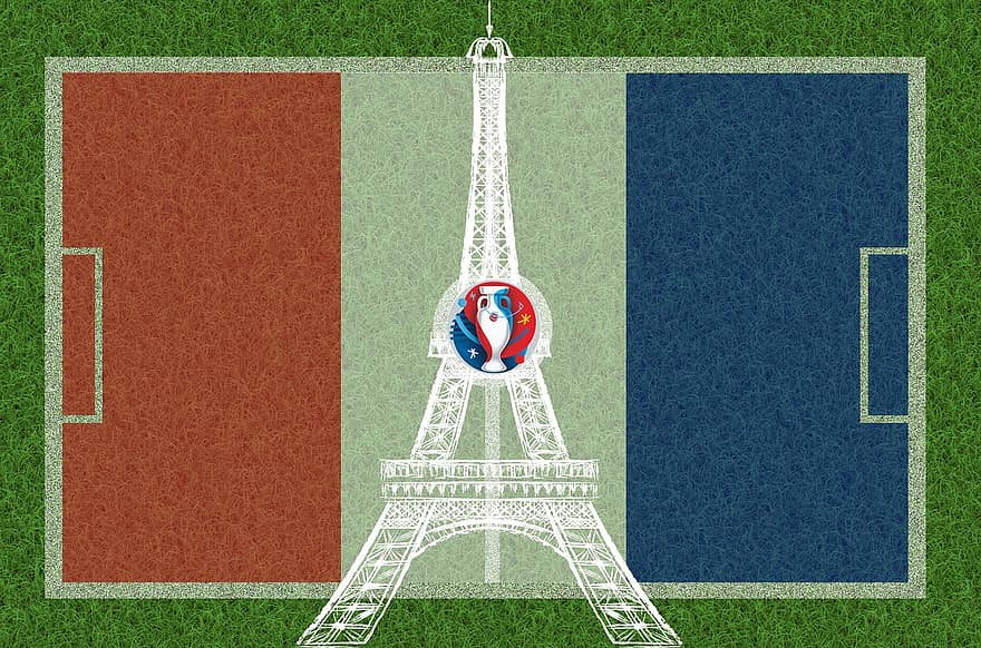 futebol, campo de jogo, Torre Eiffel, campeonato europeu, 2016, homens, em, esporte, penhor, sinete, bandeira