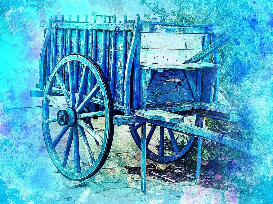 Wagon, Old, Flowers, Art, Abstract, Watercolor, Vintage, Artistic, Countryside, Romantic, Design