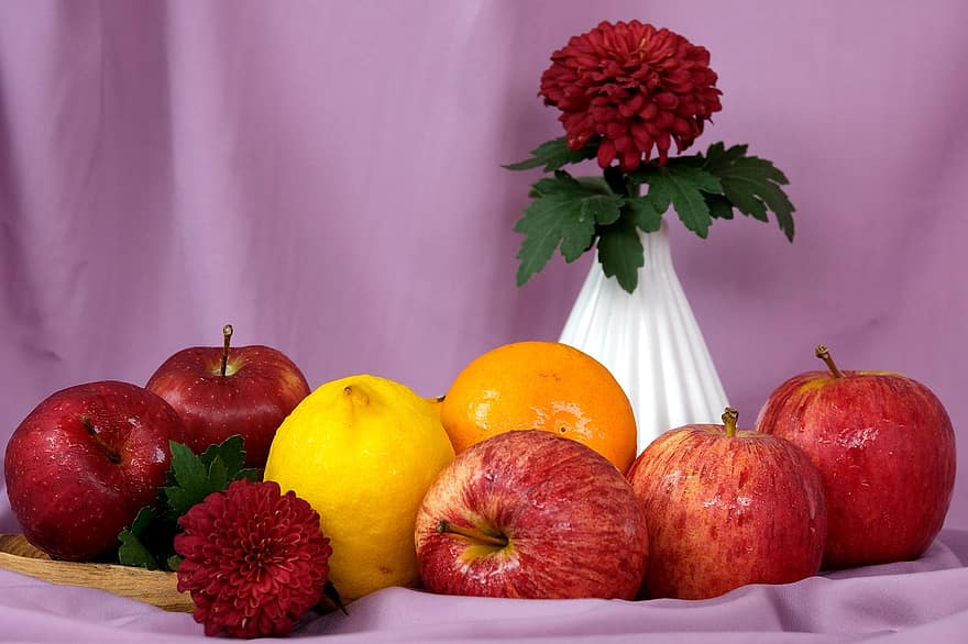 фрукты, цветы, натюрморт, оранжевый, яблоко, королевский гала, лимон, хризантема, ваза, питание, органический