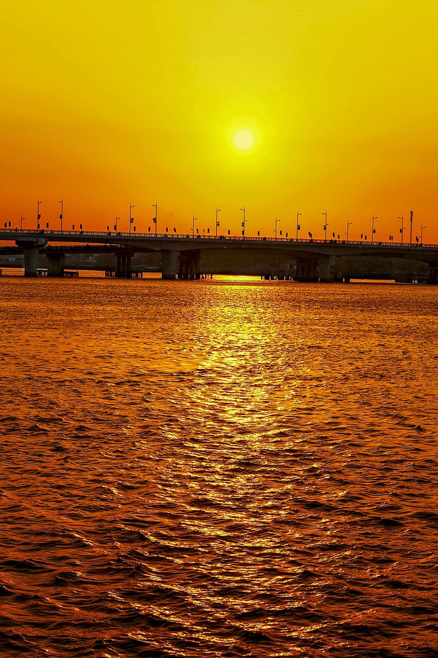 západ slunce, moře, zlatá hodina, Vietnam