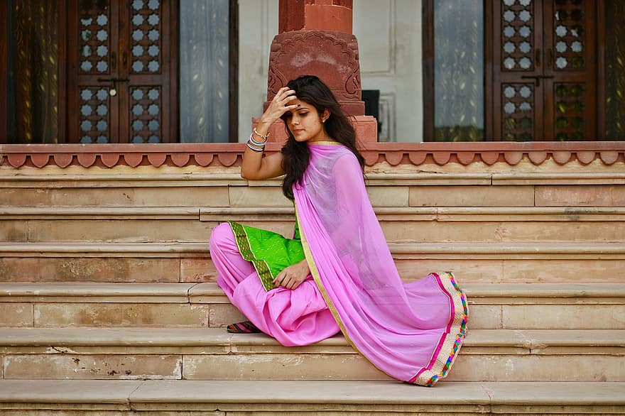 mulher, saree, moda, modelo, menina, sari, pose, tradicional, cultura, escadas