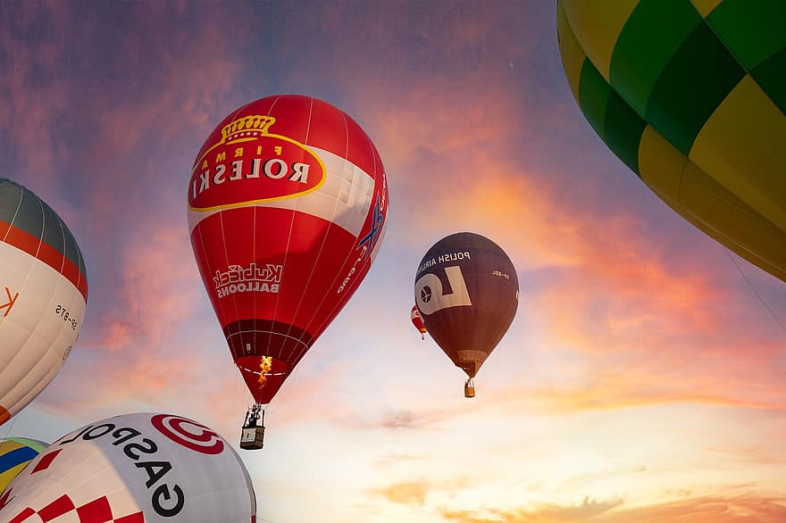 baloni, karstā gaisa baloni, balonēšana, lidošana, lidojumiem, debesis, uz rietumiem, krēslas