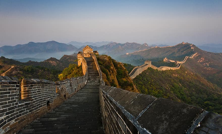 日没、万里の長城、中国、イブニング、山岳、自然、北京、山、有名な場所、古い、建築