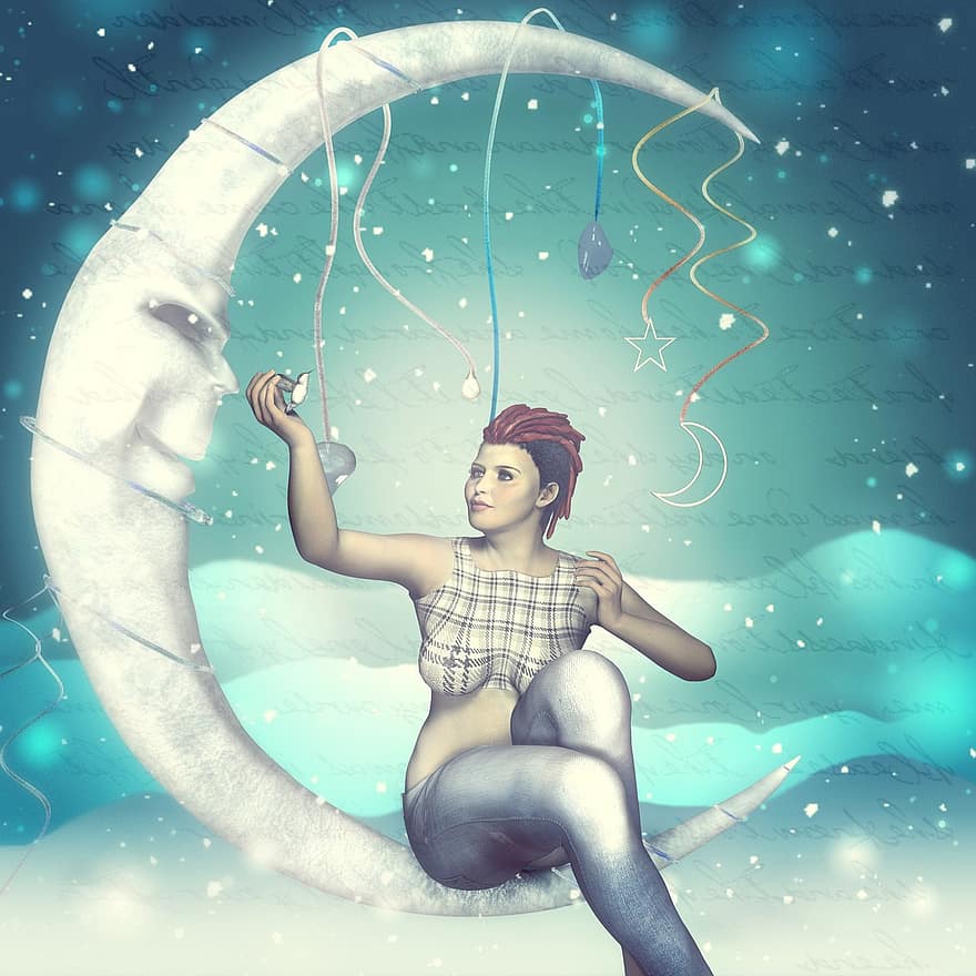 księżyc, dziewczynka, Fantazja, dżinsy, Płeć żeńska, noc, niebo, kobieta, światło, portret, marzenie
