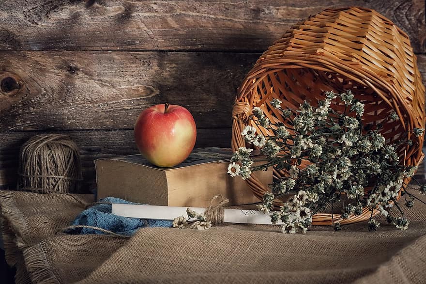 maçã, flores secas, ainda vida, cesta, carta, livro, fruta, flores, leitura, rústico, campo