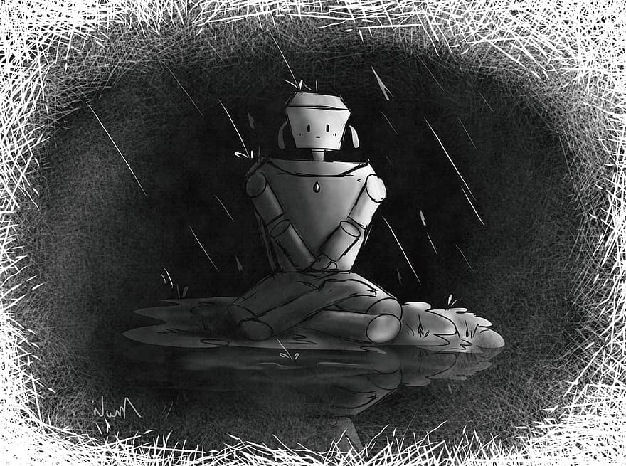 Robot, Rain, Puddle, Painting