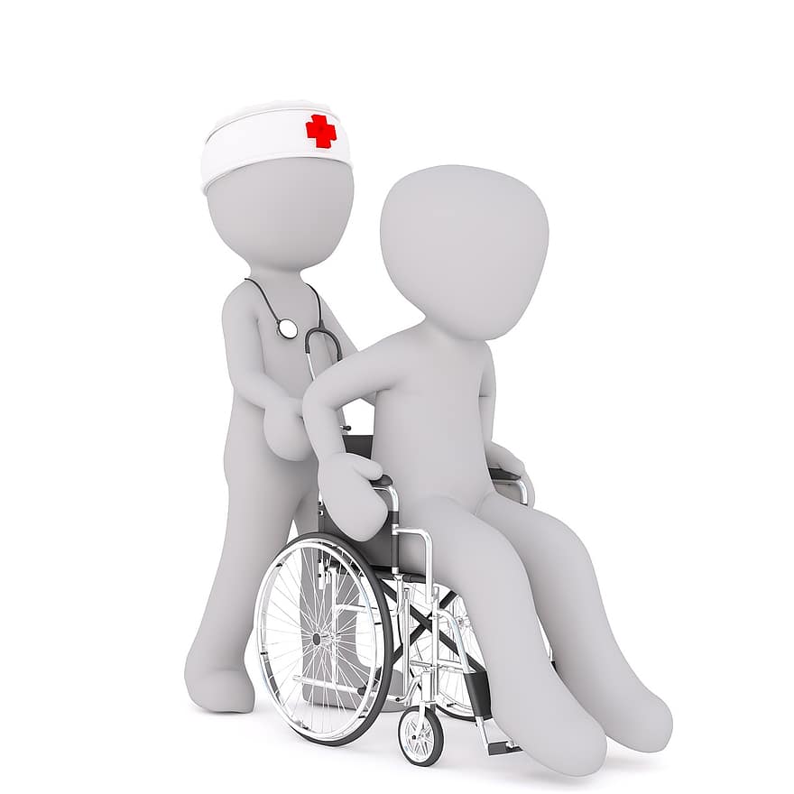 îngrijirea pacientului, alb mascul, Model 3D, izolat, 3d, model, corp întreg, alb, 3d om, asistent medical, scaun cu rotile