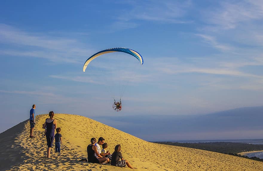dune du pilat, piasek, morze, plaża, niebo, paragliding, przygoda, osoba, ocean, wydma