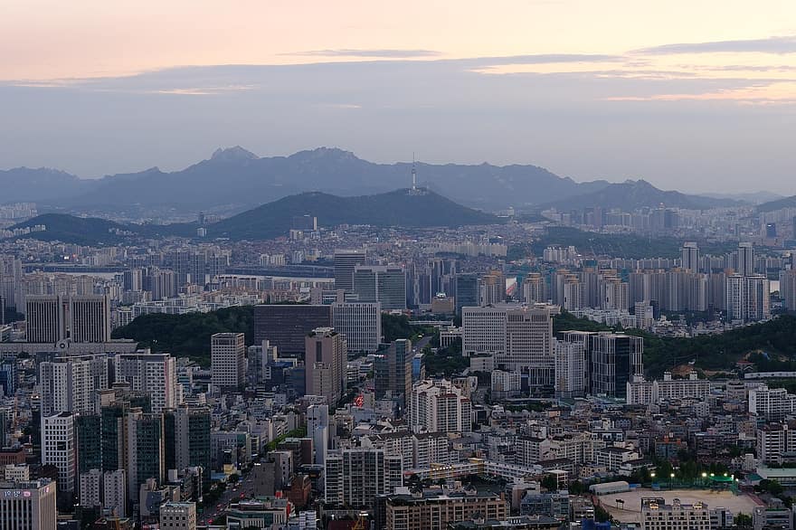 cidade, por do sol, Seul, prédios, skyline, tarde, crepúsculo, paisagem urbana, horizonte urbano, arranha-céu, exterior do edifício