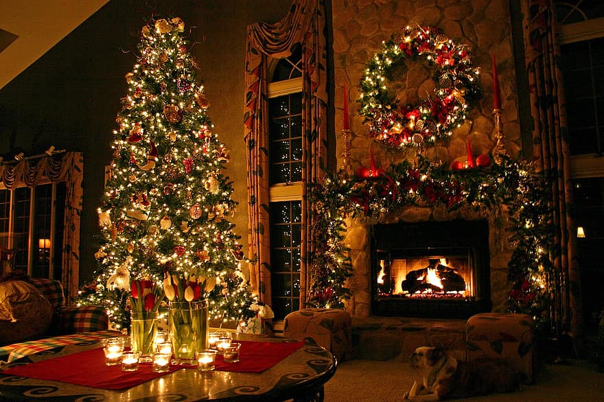 jul, vardagsrum, natt, kväll, jultid, julsäsong