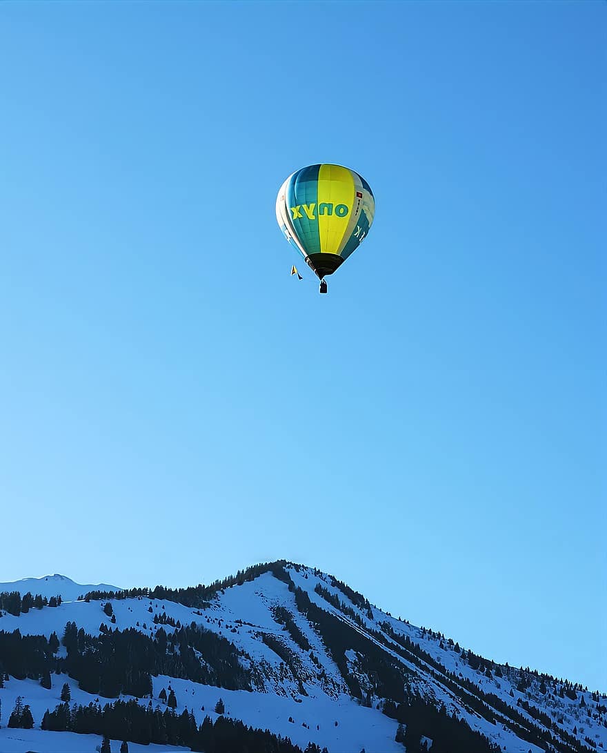 varmluftsballong, luftfartøy, fjell, flying, snø, vinter, himmel, ballong, utendørs, ekstremsport, blå
