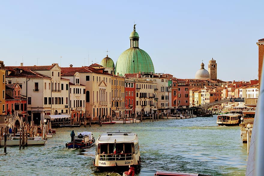 Velence, csatorna, hajó, nagy csatorna, víz, utazás, idegenforgalom, kupola, házak, templom, épületek