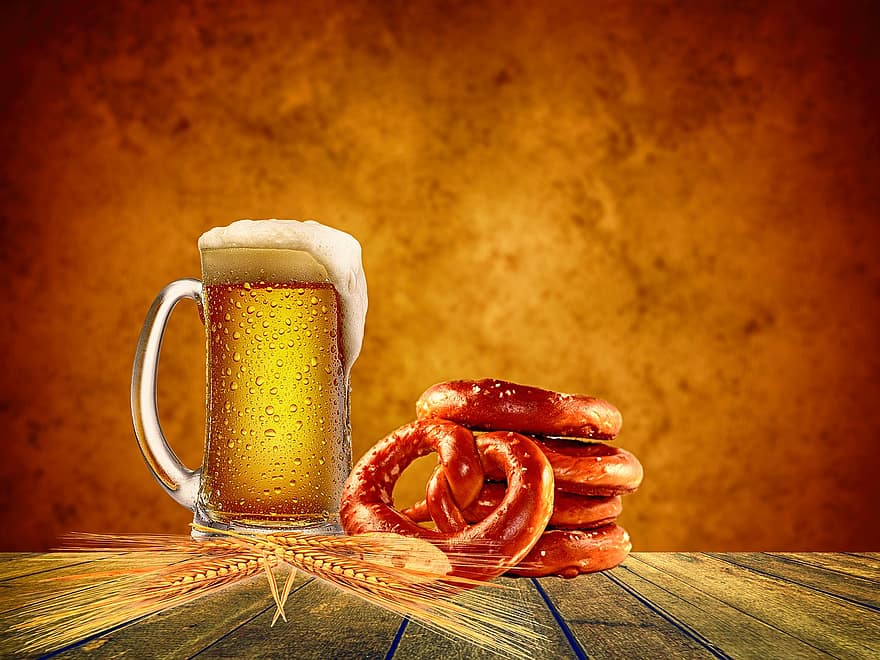 øl, forfriskning, pretzels, drikke, bryggeri