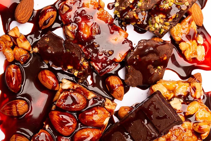 choklad, sötsaker, mellanmål, konfekt, kanderad nötter, Karamelliserade nötter, chokladsås, efterrätt