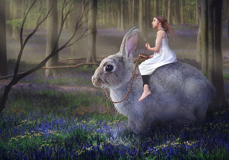 Girl, Rabbit, Hare, Forest, Flowers, Fantasy, Wonderland, Fairytale, Animal, Friendship, Sunlight