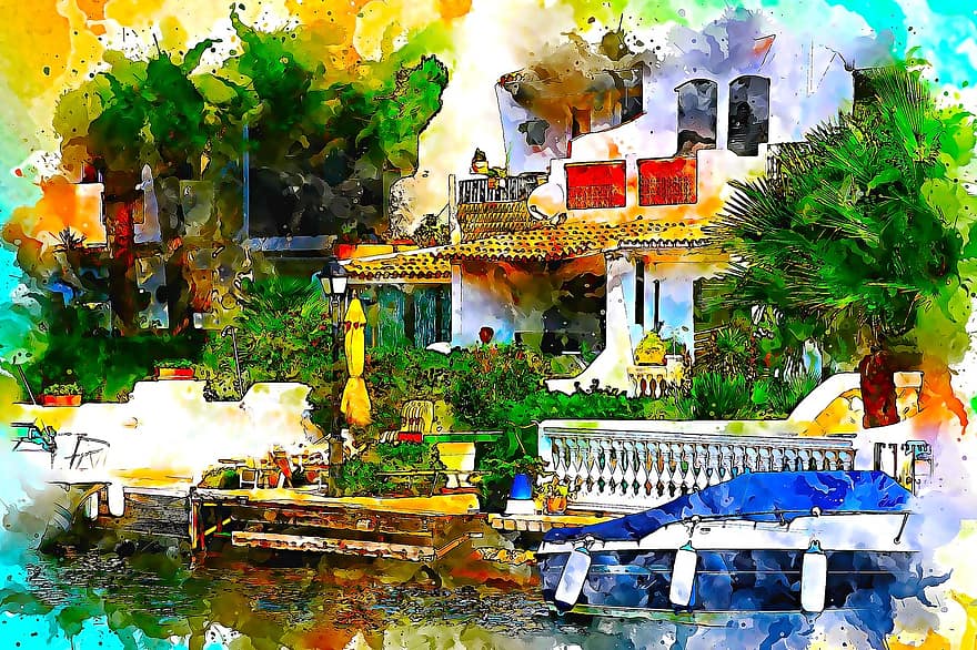 Haus, Boot, Blumen, Kunst, abstrakt, Aquarell, Spanien, Fluss, Kanal, Natur, Jahrgang