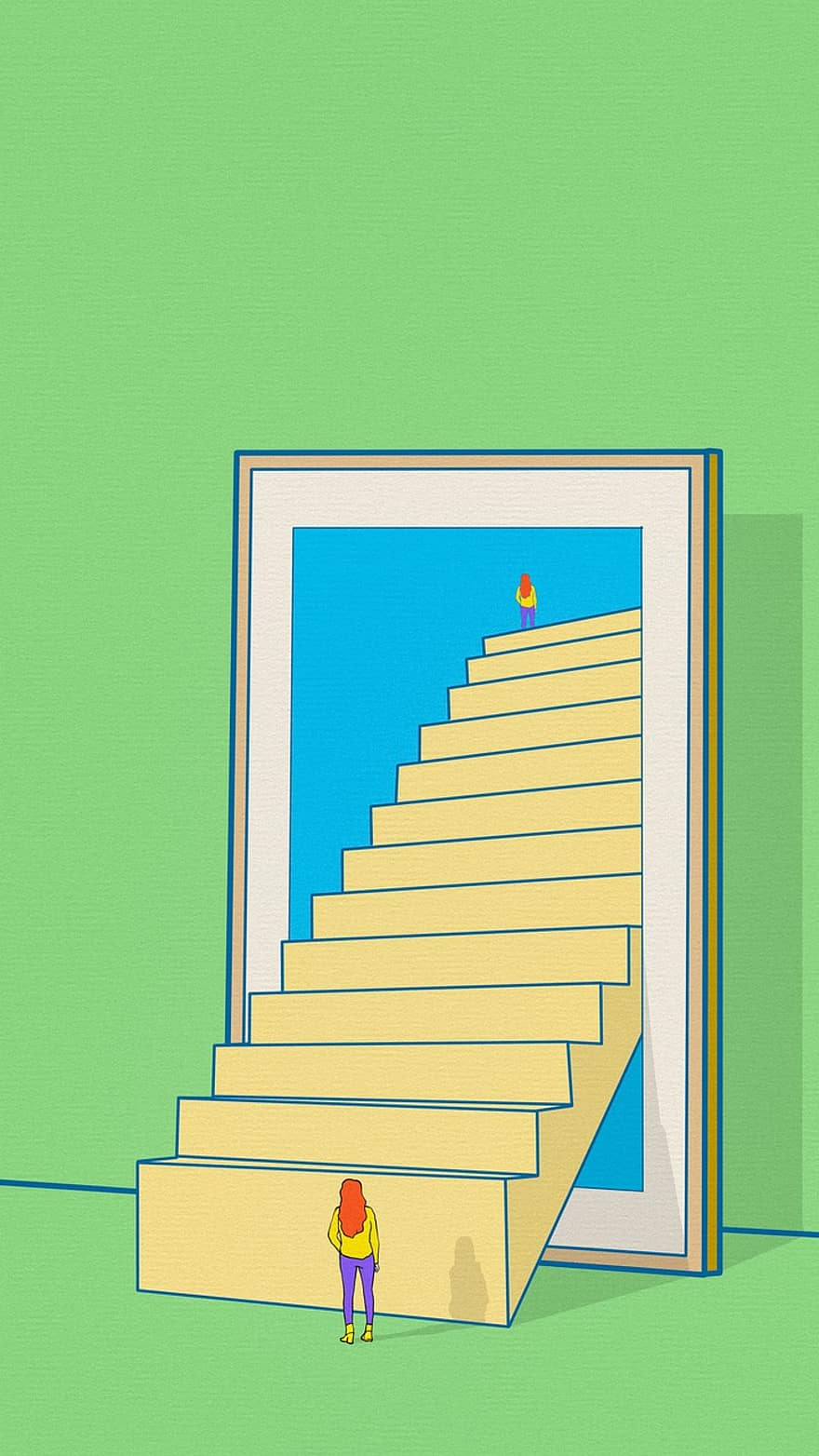Painting, Frame, Women, Stairs, Up, Green Frame, Green Painting