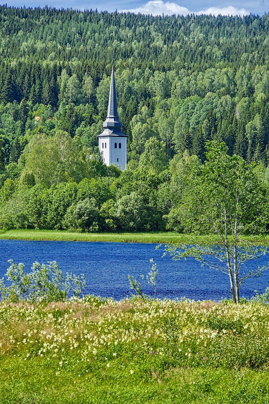 Church, Spire, Forest, Lake, Outdoors, christianity, summer, architecture, landscape, rural scene, religion