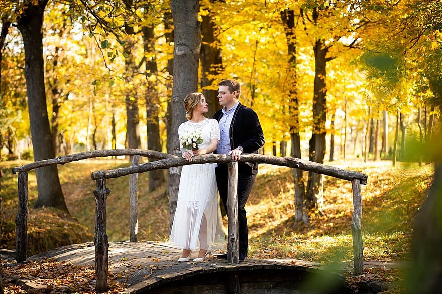 bride, groom, wedding, autumn, nature, outdoors, men, women, love, adult, lifestyles