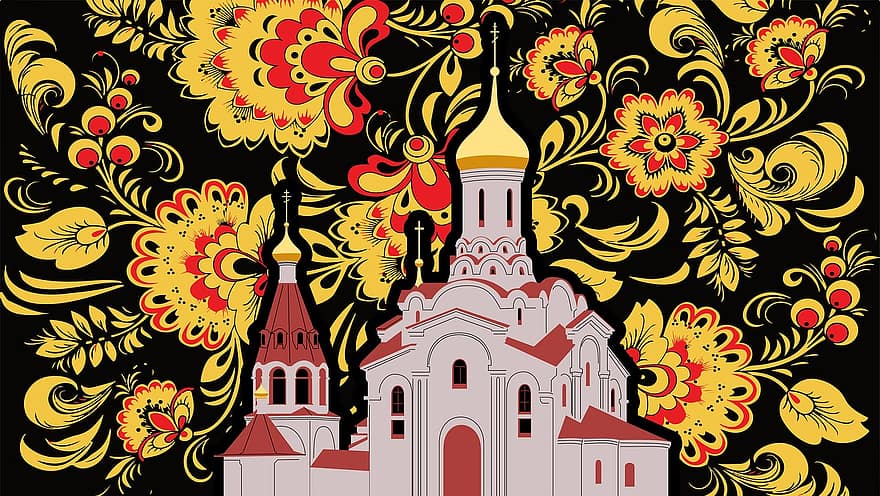 temple, khokhloma, Rússia, ortodoxa, Esglésies de Moscou, temples bells, cúpula, Pintura Russa, Art popular rus