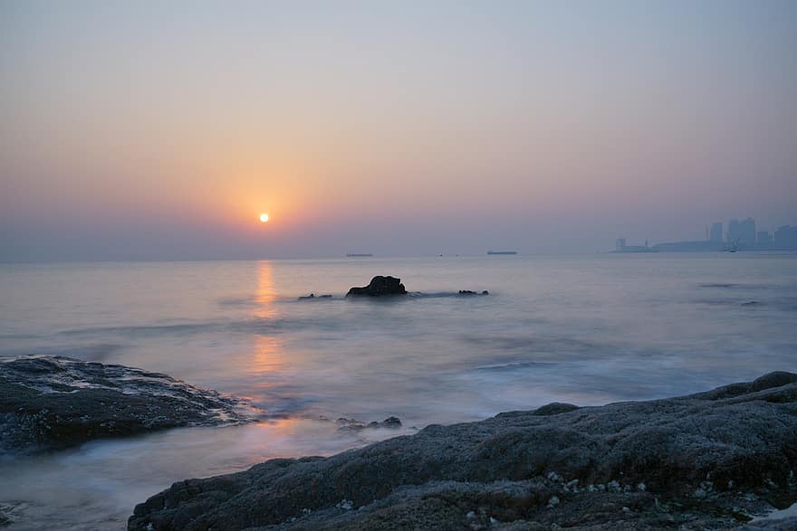 hav, vågor, stenar, kust, Strand, strandlinje, soluppgång, morgon-, panorama