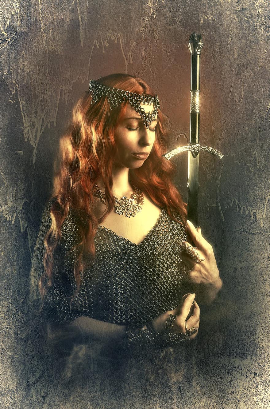 Queen, Sword, Fairy Tale, Painting, Middle Ages, Woman, Portrait, Pose, women, beauty, one person