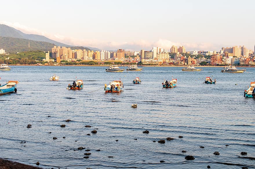 barcos, río, mar, Oceano, puesta de sol, agua, marina, montaña, Taiwán, barco náutico, paisaje urbano