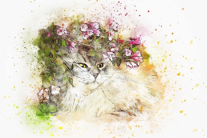 katt, skjult, blomster, Kunst, vannfarge, årgang, dyr, pus, følelse, T skjorte, kunstnerisk