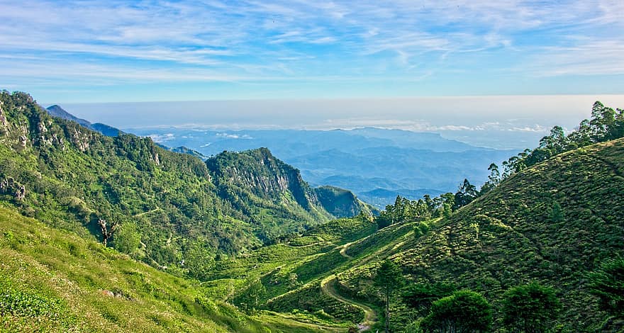 Дяволска стълба, Планини Шри Ланка, Шри Ланка Чай имоти, хълм, връх, рок, природа, гора, панорамен, заден план, син