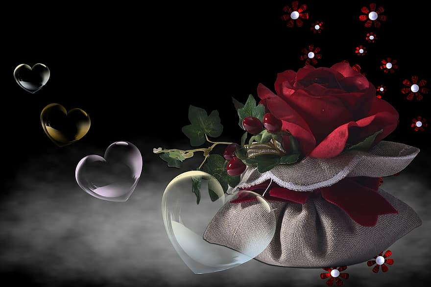 Valentinstag, Liebe, Beziehung, Herzen, transparent, Wolke, rote Rose, Grußkarte, Zusammensetzung, Blume, digitale Manipulation