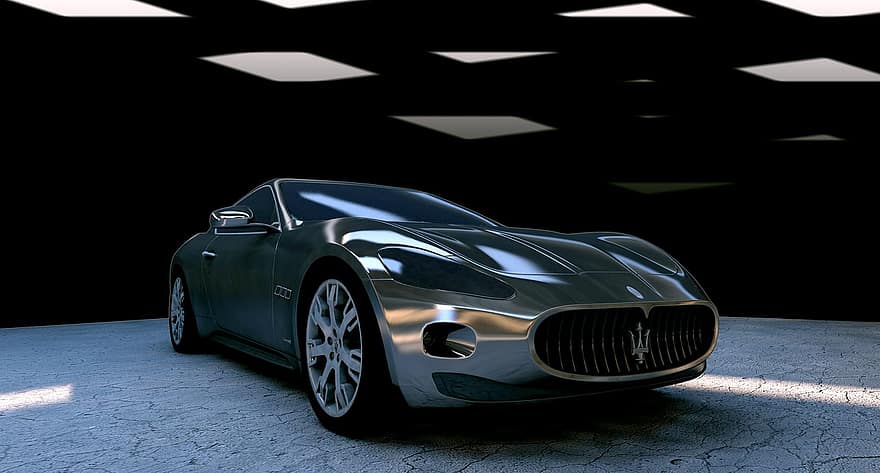 Maserati, Maserati Gt, ขาวดำ, เงิน, รถยนต์, เส้นแสดงรูปร่าง, โลหะ, อาหารกลางวัน, เงา, ห้องโถง, ผนังคอนกรีต