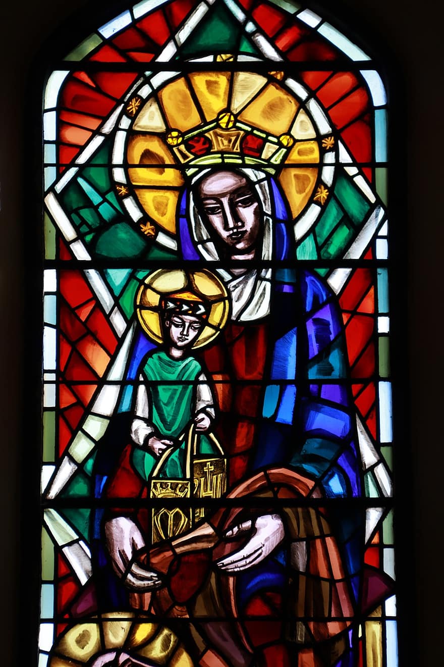 Moeder Maria en Jezus, beits glas, religie, geloof, kleurrijk, kerk, goddelijk