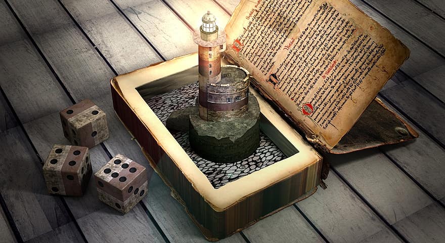 Geheimnisse, Buchinhalt, Leuchtturm, abspielen, Glück, Buch, historisch, altes Buch, Antiquität, Mittelalter, Schriftart